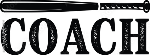 Minimalist black and white coach logo featuring a baseball bat and serif typography. Vector