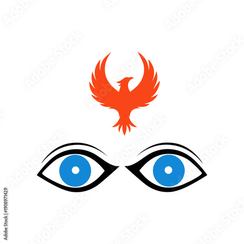 an illustration of a pair of blue eyes with a red bird in flight positioned above them on a white background