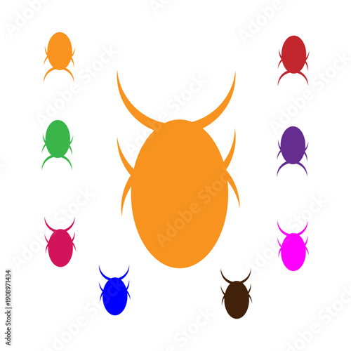A large orange bug surrounded by smaller colorful bugs