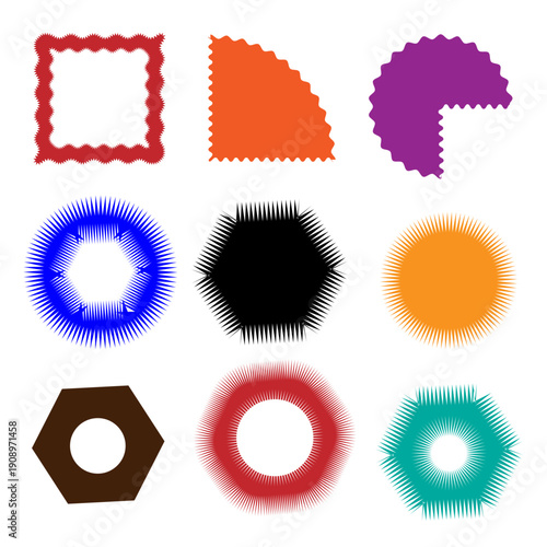 the image contains nine geometric shapes in a 3x3 grid. the shapes are a red square, orange half circle, purple quarter circle, blue ring, black hexagon, orange circle, brown hexagon, red ring, and te
