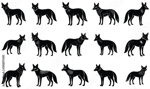 Front view of dogs group standing or sitting of different breeds vector silhouette collection