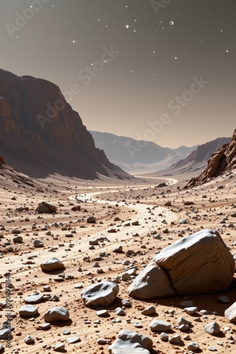 Wallpaper Mural a photorealistic alien landscape depicting a vast rocky plain on an uninhabited planet, captured under soft distant starlight. Torontodigital.ca