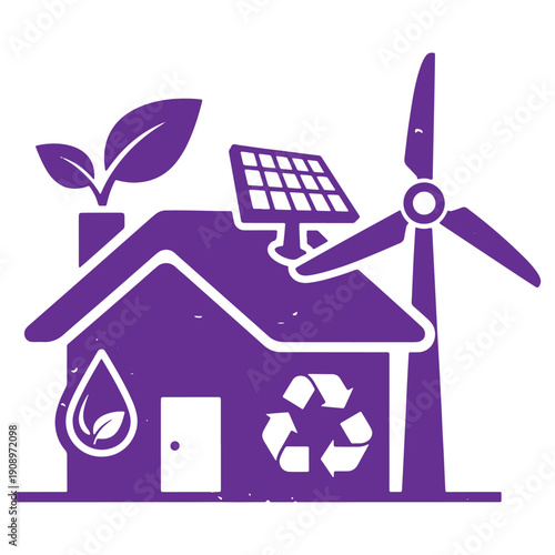 Illustration of a sustainable house with solar panels wind turbine and recycling symbol emphasizing ecofriendly living