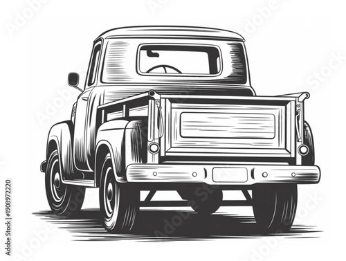 Hand drawn sketch of vintage classic pickup truck from rear view, for transport or automotive design