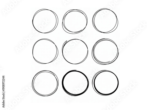 Set of nine hand drawn black and white circle frames, for decorative border and design