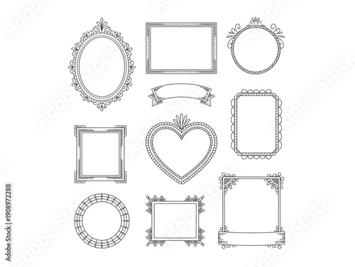 Set of nine hand drawn vintage decorative frames, for invitation, card, and antique border design