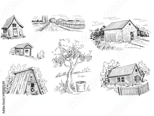 Set of hand drawn black and white rural farmhouse sketches, with barn, cottage, and countryside landscape