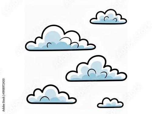 Set of simple cartoon illustration of fluffy blue clouds, for weather forecast and sky design