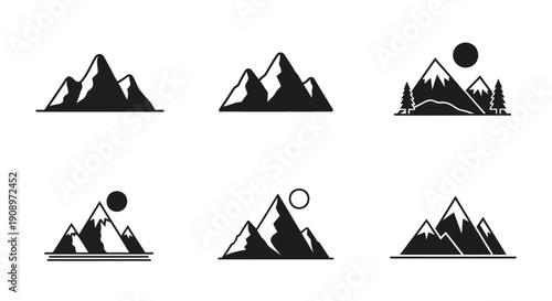 Minimalist Mountain Icons Set Black and White Vector Graphic Elements for Outdoor Adventure Logos