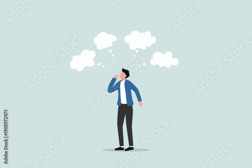 Too many thinking ideas, overwhelmed issues or busy problem to be solved, contemplation solutions for trouble, concerned or anxiety concept, businessman thinking with many thinking bubbles.