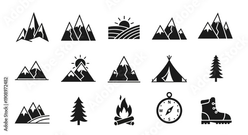 Outdoor Adventure Icons Set: Mountains, Camping, Hiking, and Travel Symbols