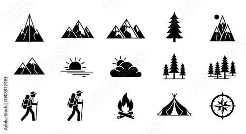 Outdoor Adventure and Nature Icons Set. Mountains, Hiking, Camping, Trees, Sun, Compass Vector