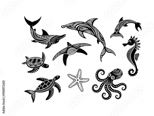 Set of tribal sea animal silhouettes including dolphin, shark, turtle, and octopus with ornamental ethnic patterns