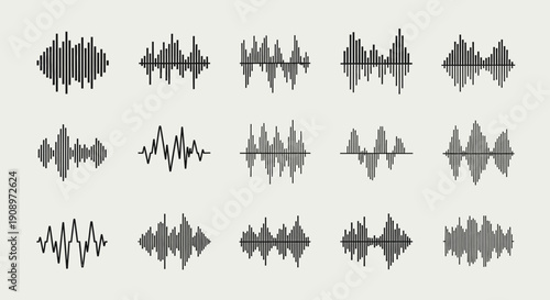 Sound waves set. Audio spectrum equalizer collection. Music voice frequency graph vector illustration.
