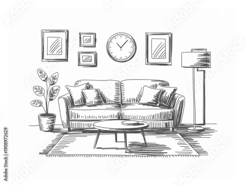 Hand drawn sketch of modern living room interior, with sofa, furniture, and cozy home decor