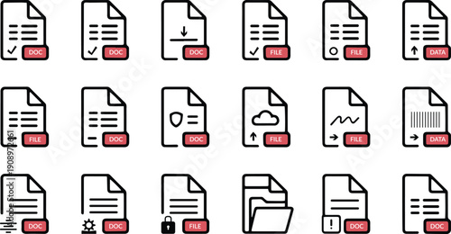 Document and File Format Icon Set – PDF, DOC, Data, Download, Secure File Symbols Vector.
