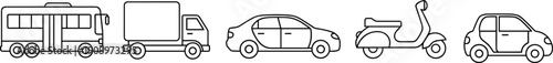 Bus, truck, sedan, scooter, compact car vector illustration, transportation vehicles lineup, automotive icons, mobility concept, traffic study design