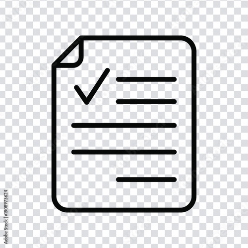 A simple black and white icon of a document with a checkmark on a transparent background