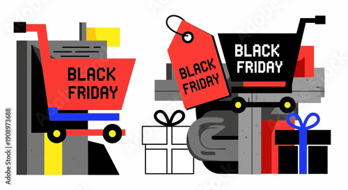 Black Friday Shopping Carts with Gifts and Tag Illustration