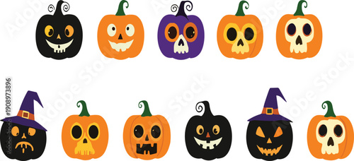Spooky Halloween pumpkin character vector set with creepy cartoon jack o lantern faces for festive holiday decoration