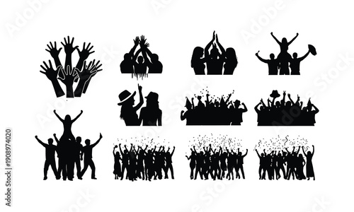Celebration and success vector silhouette illustrations of people cheering and raising hands