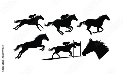 Dynamic collection of running racehorses with jockeys vector silhouette illustration set