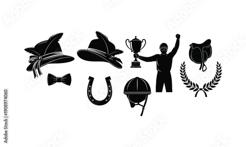 Equestrian racing horse riding sports accessories set vector silhouette icons illustration