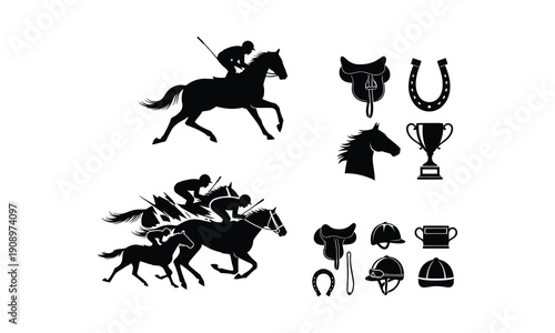 Horse racing equipment set, jockeys, racehorses, saddle, horseshoe, trophy vector illustration