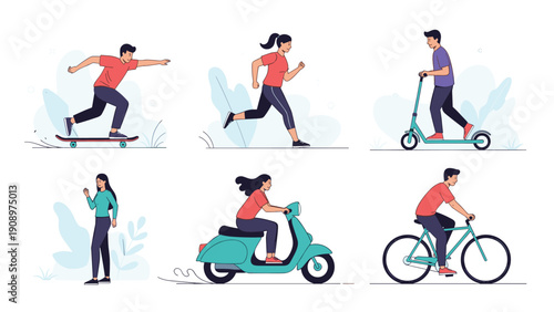 Collection of people using various eco-friendly transportation methods like bicycles, scooters, skateboards, and electric mopeds.