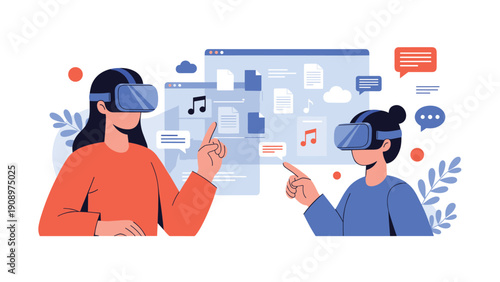 Two women wearing VR headsets and interacting with floating digital files, music notes, and communication bubbles in a virtual environment.
