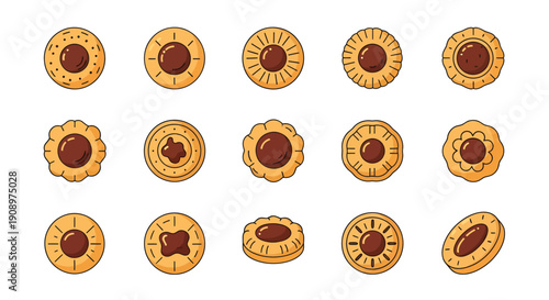 Thumbprint cookies icons set, butter biscuits with jam filling, top view pastry vector illustration