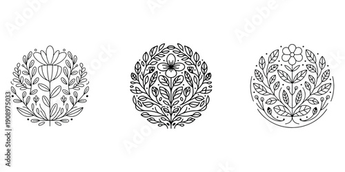 Minimalist circular floral emblem collection with intricate line art botanical illustrations of wild flowers and garden leaves for branding and packaging