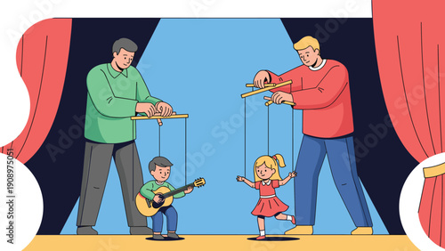 Professional puppeteers controlling two children marionettes, a boy with a guitar and a girl dancing, during a stage performance.