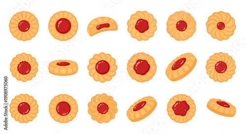 Jam thumbprint cookies set, strawberry jelly butter biscuits collection, top and side view pastry vector illustration