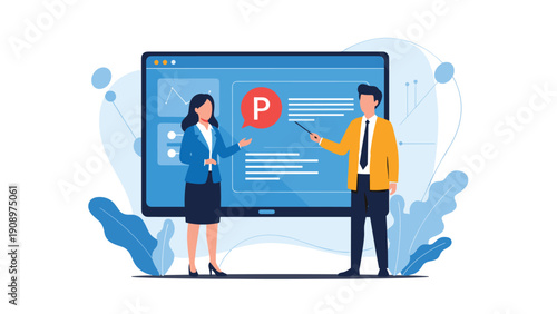 Professional business team presenting data analysis and growth strategies on a large interactive digital screen in a modern office.