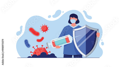 Healthcare professional wearing a protective face mask and holding a shield to defend against viral infections and harmful pathogens.