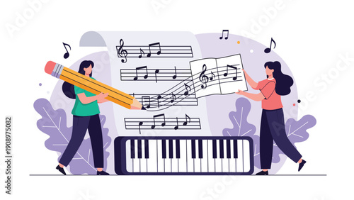 Creative female musicians composing original melodies using a giant pencil and sheet music near a piano keyboard in an artistic studio.