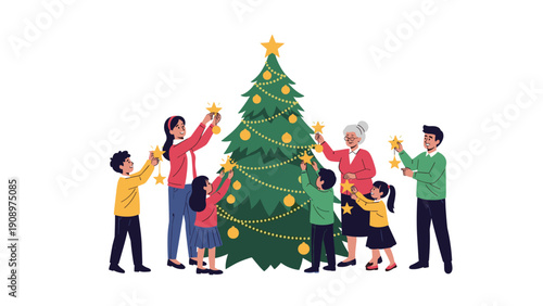 Happy family including children and grandparents decorating a green Christmas tree with golden stars to celebrate the holiday season.