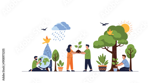Environmentally conscious people planting trees and caring for green plants to support global reforestation and ecological preservation.
