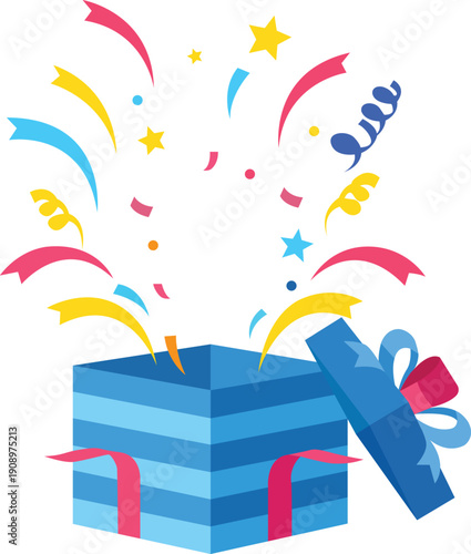 Colorful open gift box vector bursting with confetti, ribbons, and stars, perfect for celebration designs, holiday promotions, birthday graphics, party invitations, festive marketing use.