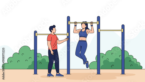 Athletic woman performing pull-ups on outdoor exercise bars with the guidance of a personal trainer in a green park for fitness training.
