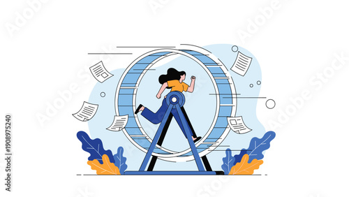 Stressed businesswoman running inside a giant hamster wheel while papers fly around to illustrate the feeling of being trapped at work.