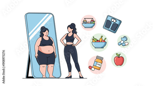 Determined woman looking at her reflection in a mirror and seeing her goals for weight loss and a healthy lifestyle with various icons.