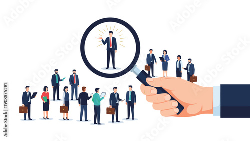 Recruitment concept showing a giant hand using a magnifying glass to find and select the most qualified candidate from a large group.