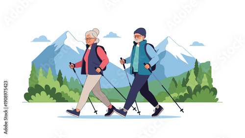 Active senior couple enjoying a scenic hike through pine forests with a backdrop of snow-capped mountains using trekking poles together.