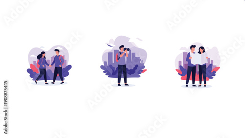 Group of young tourists exploring a new city while taking photographs and studying a paper map to find interesting local landmarks.