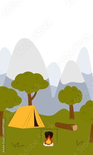 Flat vector illustration of camping outdoors. Mountains, campfire, tent, nature, camper, trees, coffee, backpack, guitar, kettle, boiler, tea, silence, calm, peace, marshmallows on fire