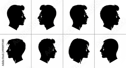 Multiple Silhouettes of Diverse Human Heads in Profile View.