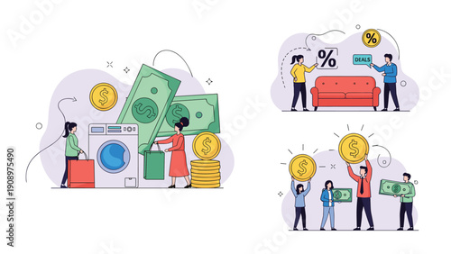 Economic concept showing people buying household appliances like a washing machine and sofa while dealing with money and discounts.