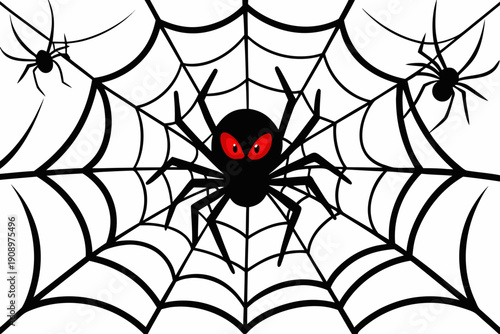 A vector graphic illustration of a black spider with red eyes in a web, surrounded by smaller spiders.
